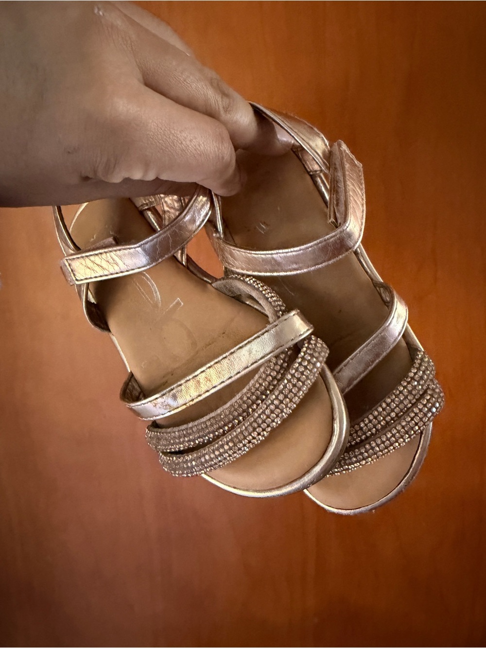 Metallic Rose Gold Strappy Sandals with Crystal Accent